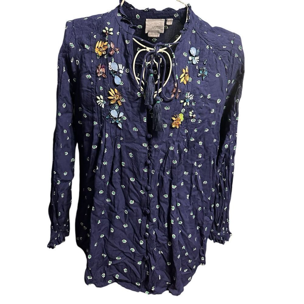Beautiful ANTHROPOLOGIE Vanessa Virginia Ashton Blouse Top Jeweled Navy Blue Vis